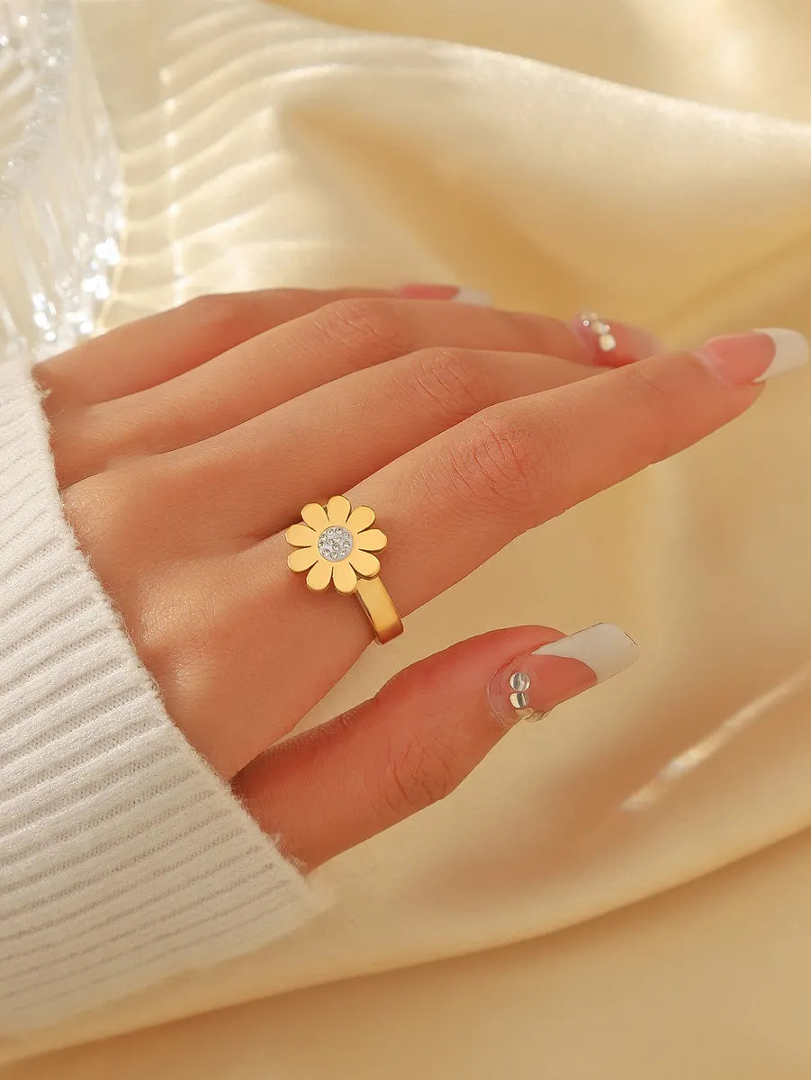 Titanium Steel 18K Gold Plated Vintage Style Simple Style Inlay Flower Rhinestones Rings