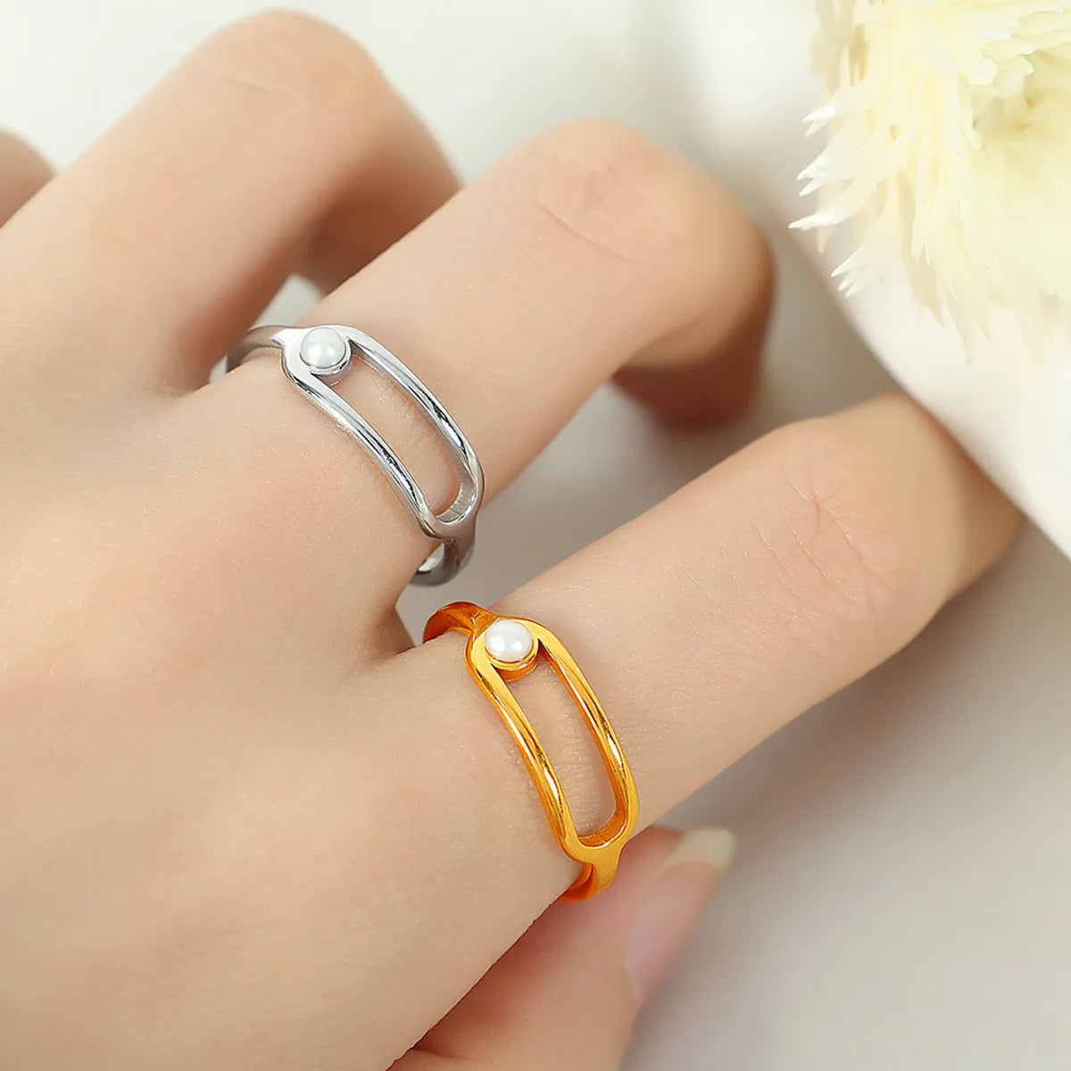 Titanium Steel 18K Gold Plated Vintage Style Simple Style Plating Inlay Lines Pearl Rings