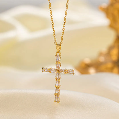 Titanium Steel 18K Gold Plated Vintage Style Vacation Cross Polishing Inlay Artificial Rhinestones Pendant Necklace