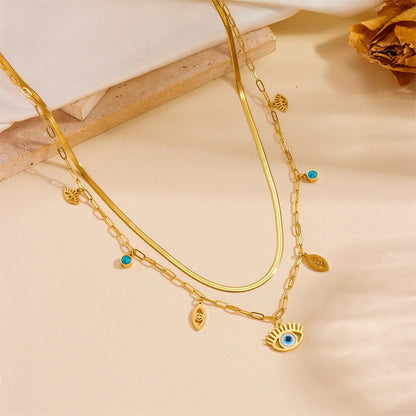 Titanium Steel Casual Simple Style Inlay Four Leaf Clover Devil'S Eye Butterfly Acrylic Pearl Zircon Double Layer Necklaces