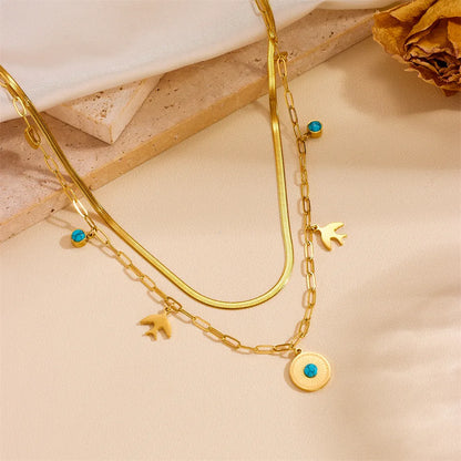 Titanium Steel Casual Simple Style Inlay Four Leaf Clover Devil'S Eye Butterfly Acrylic Pearl Zircon Double Layer Necklaces