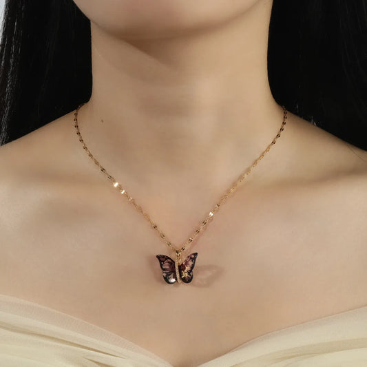 Titanium Steel Copper 18K Gold Plated Cute Sweet Plating Inlay Butterfly Zircon Pendant Necklace