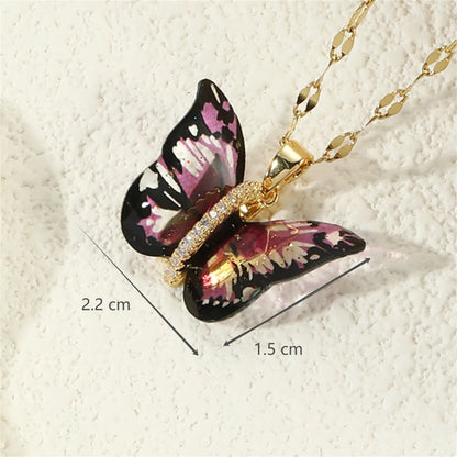 Titanium Steel Copper 18K Gold Plated Cute Sweet Plating Inlay Butterfly Zircon Pendant Necklace