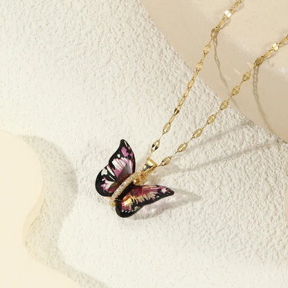 Titanium Steel Copper 18K Gold Plated Cute Sweet Plating Inlay Butterfly Zircon Pendant Necklace