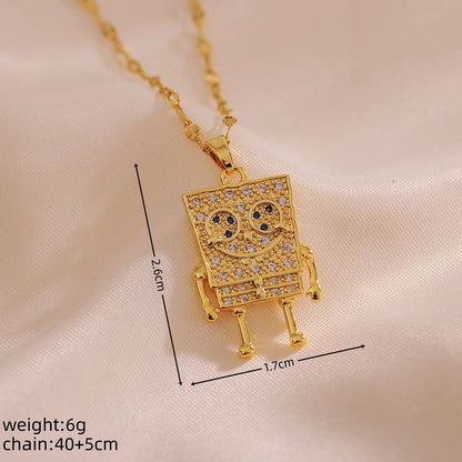 Titanium Steel Copper 18K Gold Plated IG Style Cute Inlay Cartoon Robot Rhinestones Pendant Necklace