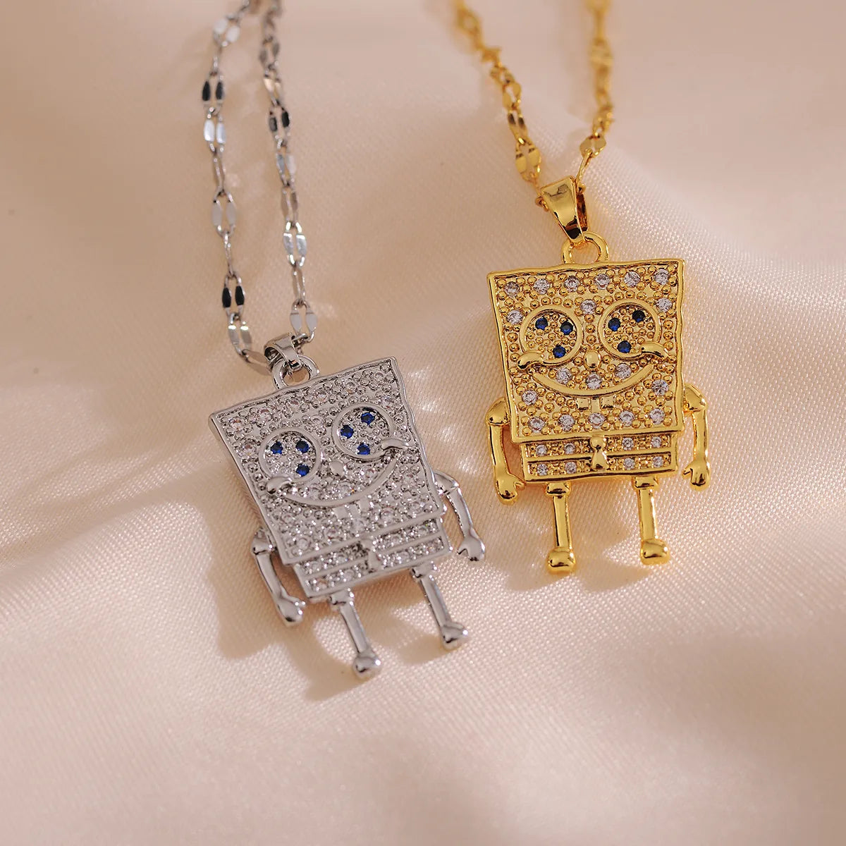 Titanium Steel Copper 18K Gold Plated IG Style Cute Inlay Cartoon Robot Rhinestones Pendant Necklace