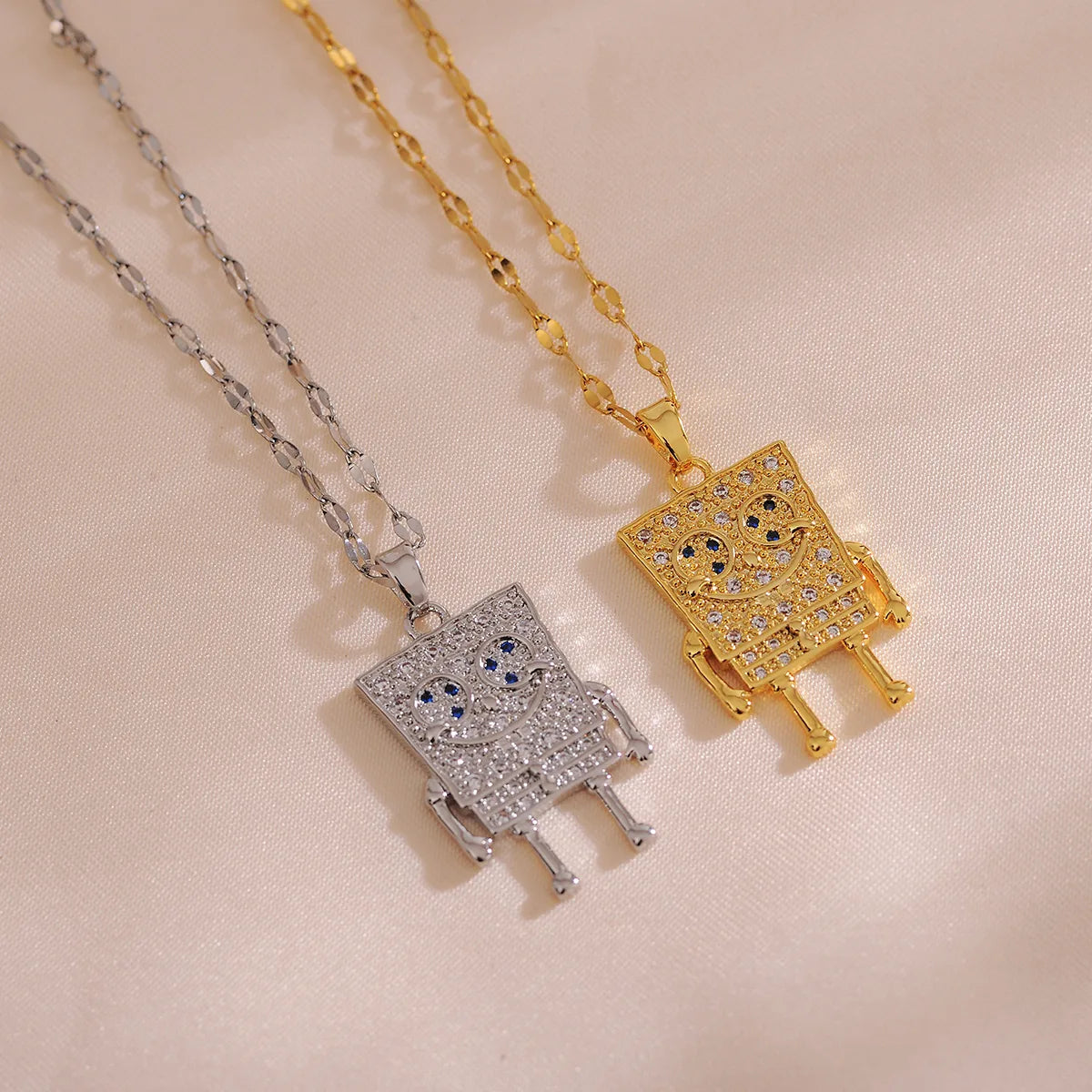 Titanium Steel Copper 18K Gold Plated IG Style Cute Inlay Cartoon Robot Rhinestones Pendant Necklace