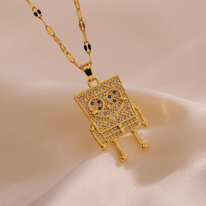 Titanium Steel Copper 18K Gold Plated IG Style Cute Inlay Cartoon Robot Rhinestones Pendant Necklace