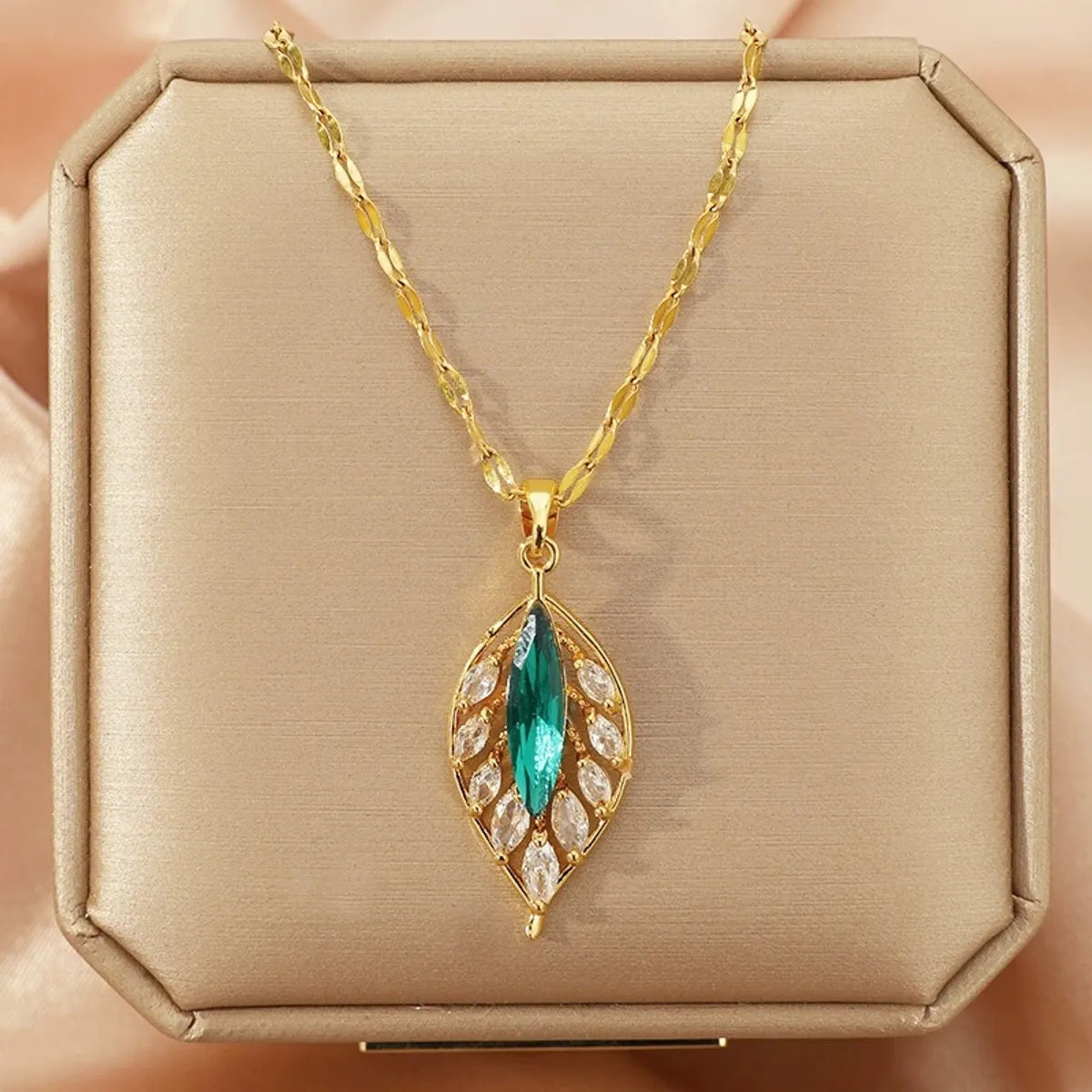 Titanium Steel Copper 18K Gold Plated IG Style Shiny Hollow Out Inlay Leaves Zircon Pendant Necklace