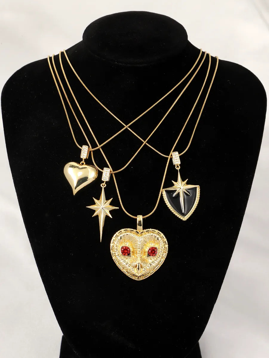 Titanium Steel Copper 18K Gold Plated IG Style Star Heart Shape Owl Inlay Artificial Gemstones Pendant Necklace