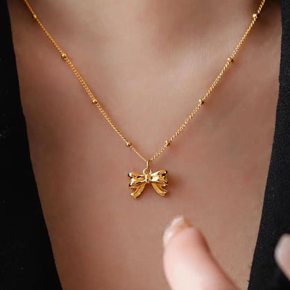 Titanium Steel Copper 18K Gold Plated Retro Bow Knot Pendant Necklace