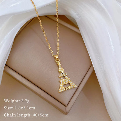 Titanium Steel Copper Casual Simple Style Hollow Out Inlay Love Eiffel Tower Zircon Pendant Necklace