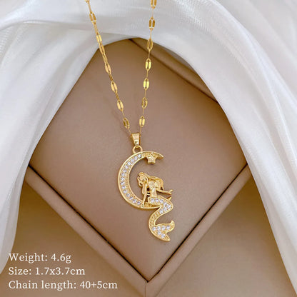 Titanium Steel Copper Gold Plated Cute Modern Style Classic Style Inlay Moon Mermaid Zircon Pendant Necklace