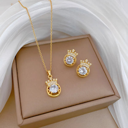 Titanium Steel Copper Gold Plated IG Style Classic Style Inlay Crown Zircon Earrings Necklace