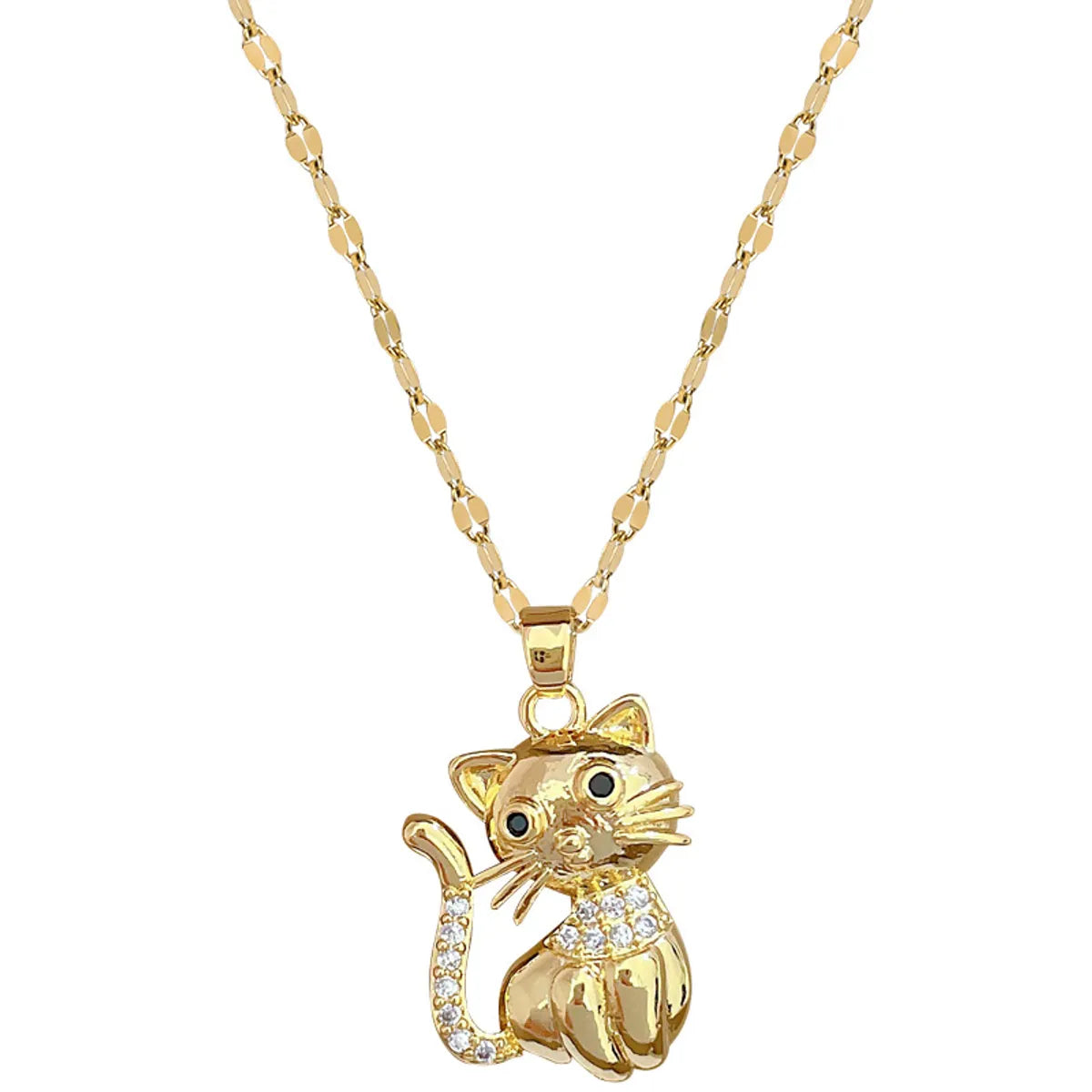 Titanium Steel Copper Gold Plated Inlay Cat Zircon Pendant Necklace