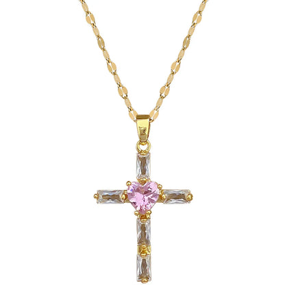 Titanium Steel Copper Gold Plated Inlay Cross Heart Shape Zircon Pendant Necklace