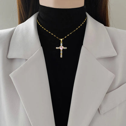 Titanium Steel Copper Gold Plated Inlay Cross Heart Shape Zircon Pendant Necklace