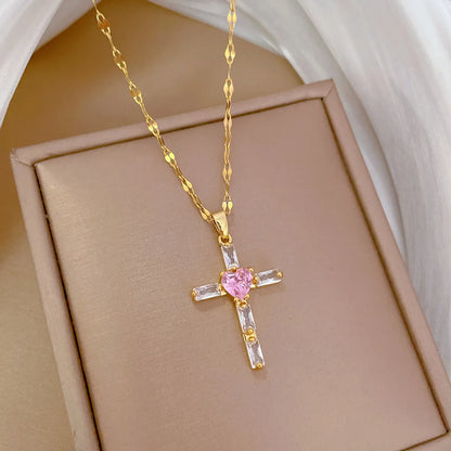 Titanium Steel Copper Gold Plated Inlay Cross Heart Shape Zircon Pendant Necklace