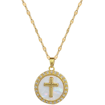 Titanium Steel Copper Gold Plated Inlay Cross Shell Zircon Pendant Necklace