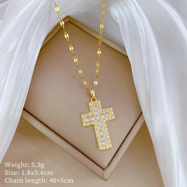 Titanium Steel Copper Gold Plated Inlay Cross Zircon Pendant Necklace