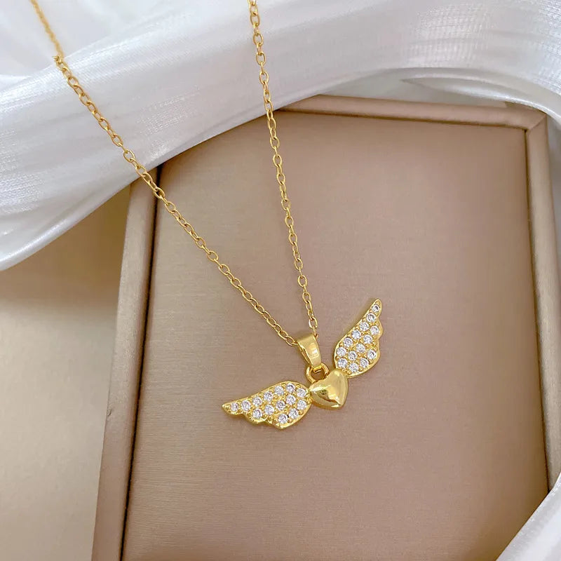 Titanium Steel Copper Gold Plated Inlay Heart Shape Wings Zircon Pendant Necklace