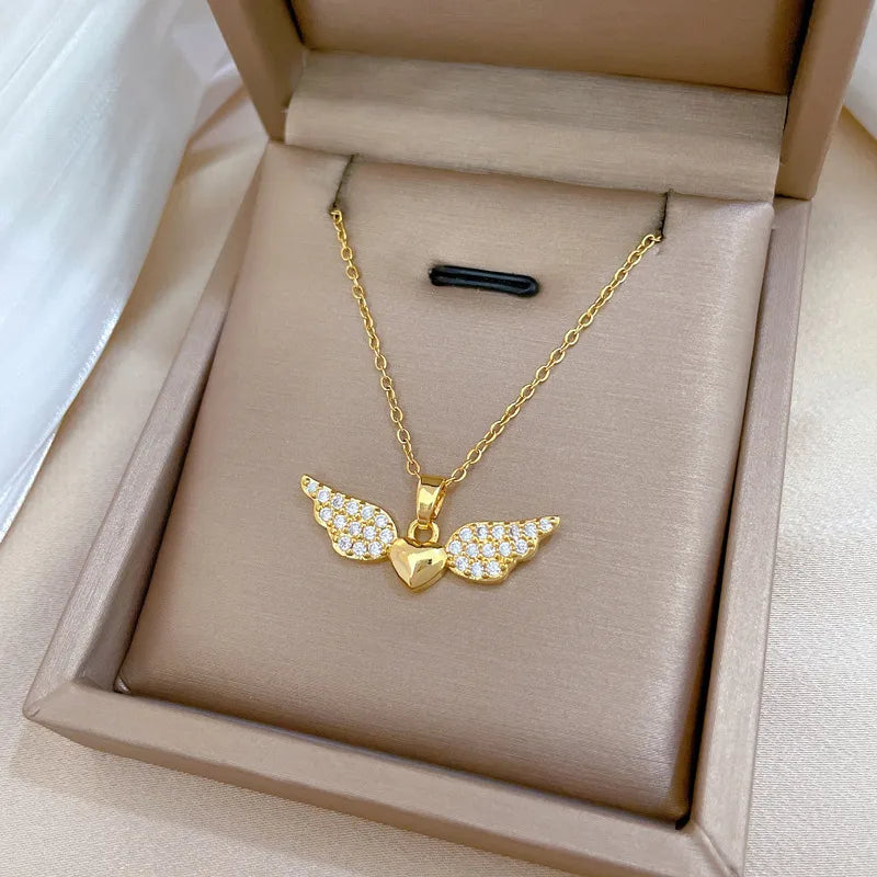 Titanium Steel Copper Gold Plated Inlay Heart Shape Wings Zircon Pendant Necklace