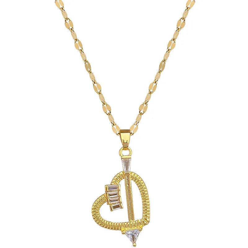 Titanium Steel Copper Gold Plated Inlay Heart Shape Zircon Pendant Necklace