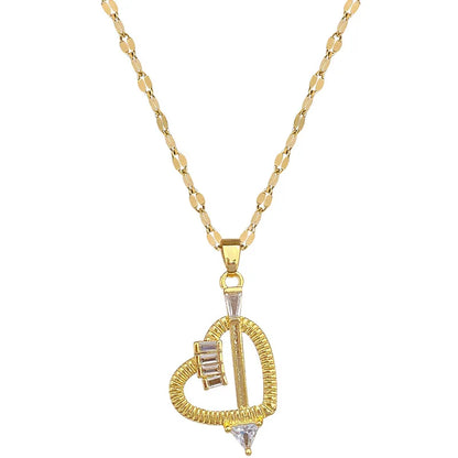 Titanium Steel Copper Gold Plated Inlay Heart Shape Zircon Pendant Necklace