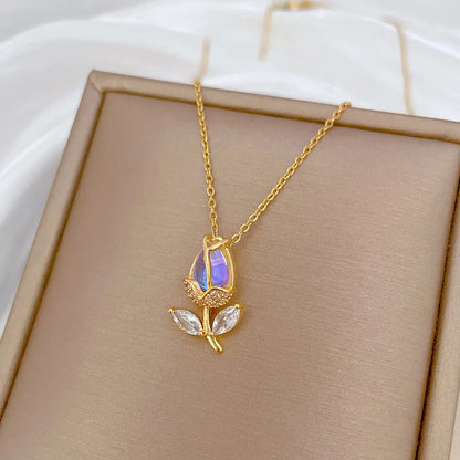 Titanium Steel Copper Gold Plated Modern Style Classic Style Inlay Tulip Zircon Pendant Necklace