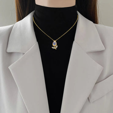 Titanium Steel Copper Gold Plated Modern Style Classic Style Inlay Tulip Zircon Pendant Necklace