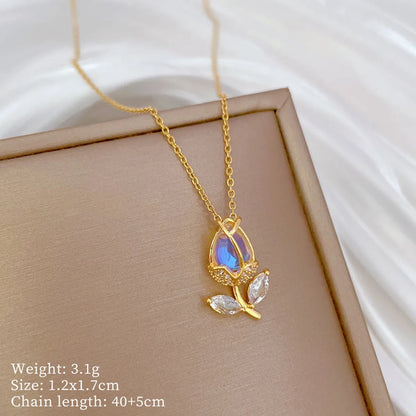 Titanium Steel Copper Gold Plated Modern Style Classic Style Inlay Tulip Zircon Pendant Necklace