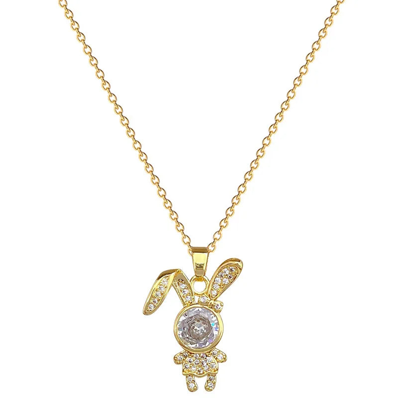 Titanium Steel Copper Gold Plated Plating Rabbit Zircon Pendant Necklace