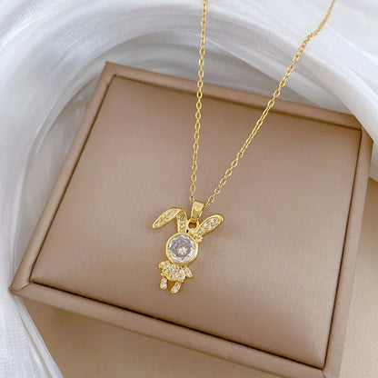 Titanium Steel Copper Gold Plated Plating Rabbit Zircon Pendant Necklace