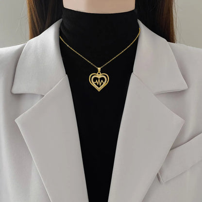 Titanium Steel Copper IG Style Luxurious Classic Style Electrocardiogram Heart Shape Hollow Out Inlay Artificial Gemstones Pendant Necklace