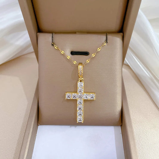 Titanium Steel Copper IG Style Shiny Cross Inlay Zircon Pendant Necklace