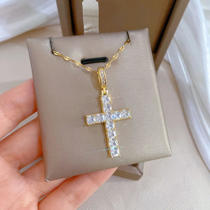 Titanium Steel Copper IG Style Shiny Cross Inlay Zircon Pendant Necklace