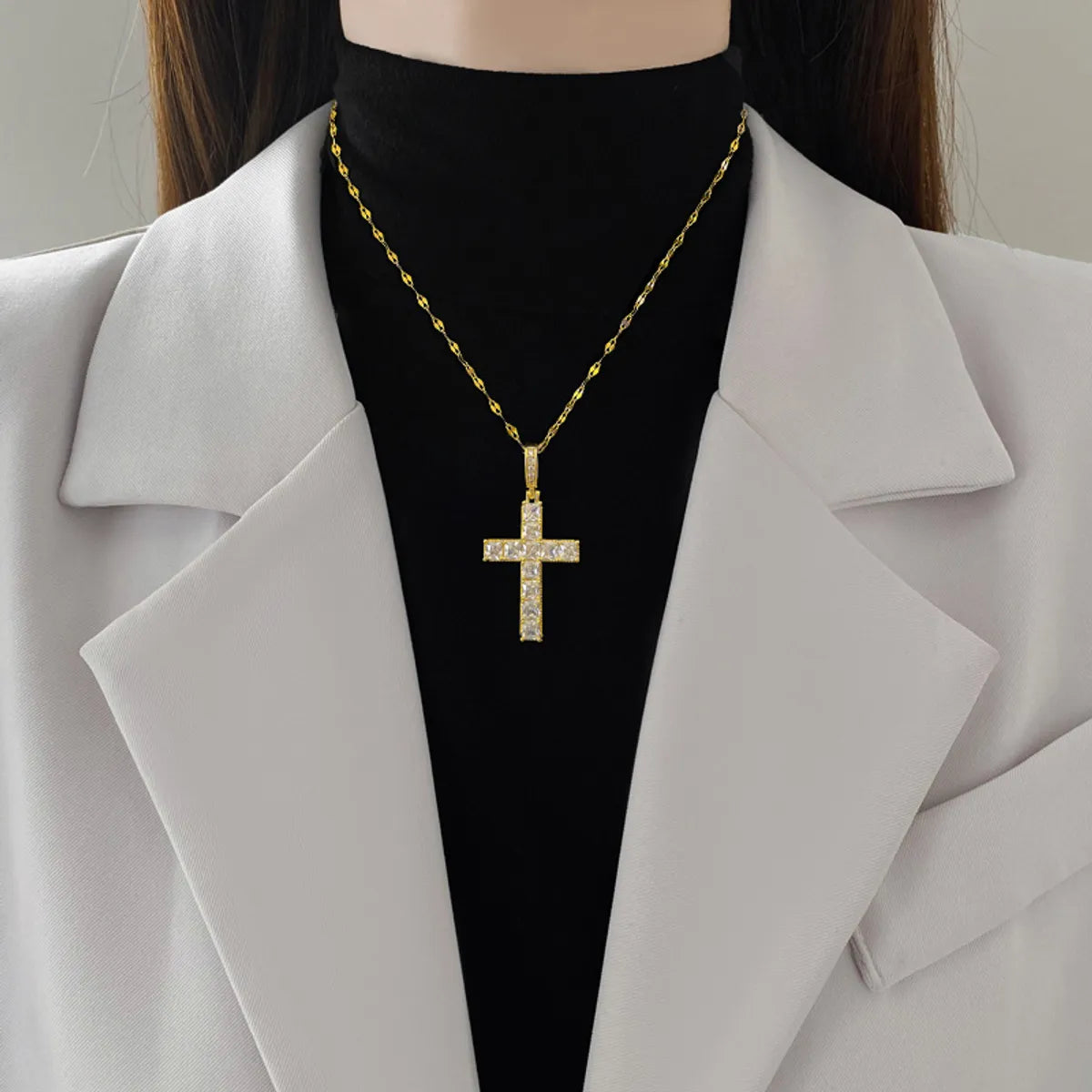 Titanium Steel Copper IG Style Shiny Cross Inlay Zircon Pendant Necklace