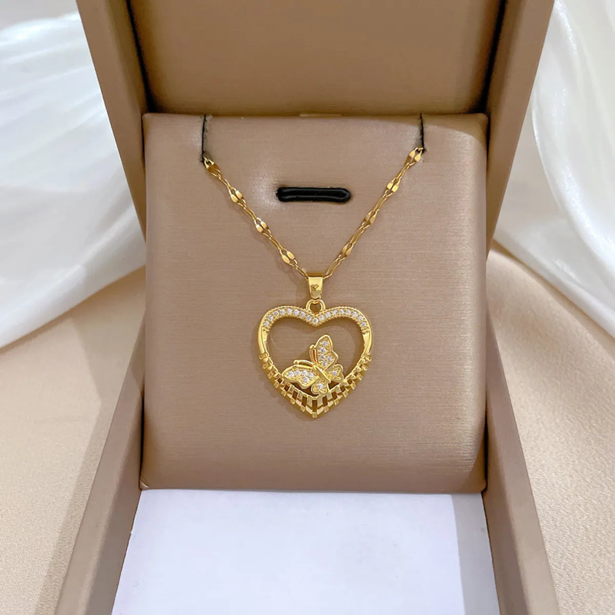 Titanium Steel Copper IG Style Shiny Heart Shape Butterfly Hollow Out Inlay Zircon Pendant Necklace