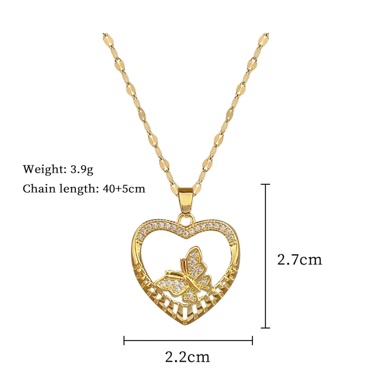 Titanium Steel Copper IG Style Shiny Heart Shape Butterfly Hollow Out Inlay Zircon Pendant Necklace