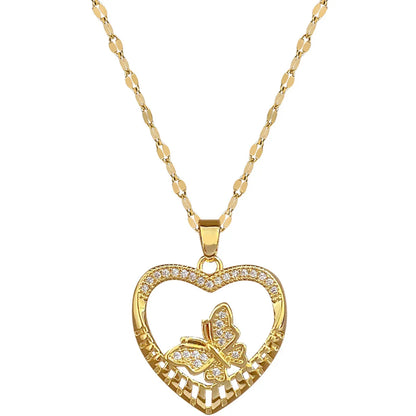 Titanium Steel Copper IG Style Shiny Heart Shape Butterfly Hollow Out Inlay Zircon Pendant Necklace