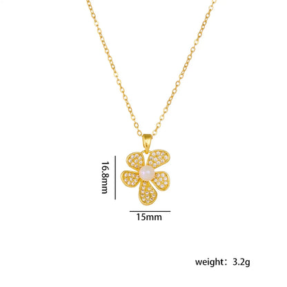 Titanium Steel Copper IG Style Shiny Plating Hollow Out Inlay Flower Pearl Zircon Pendant Necklace