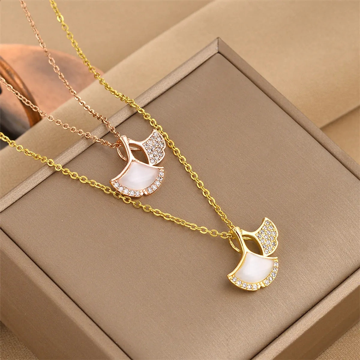 Titanium Steel Copper Inlay Ginkgo Leaf Zircon Pendant Necklace