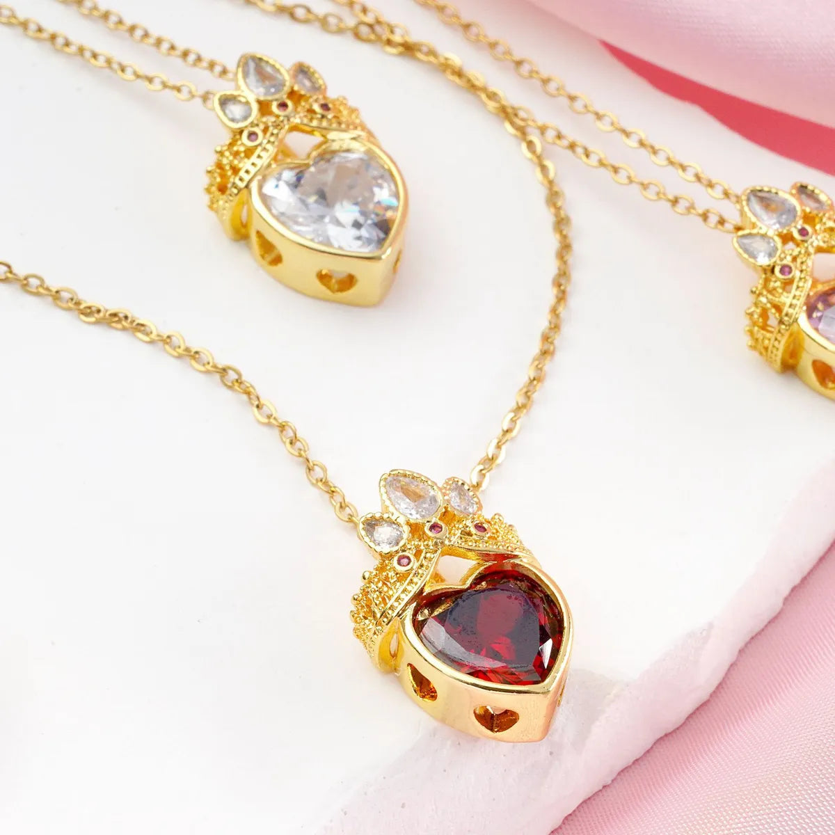 Titanium Steel Copper Inlay Heart Shape Crown Zircon Pendant Necklace