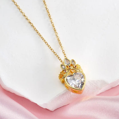 Titanium Steel Copper Inlay Heart Shape Crown Zircon Pendant Necklace