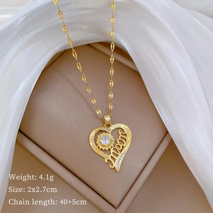 Titanium Steel Copper MAMA Simple Style Classic Style Hollow Out Inlay Letter Heart Shape Flower Zircon Pendant Necklace