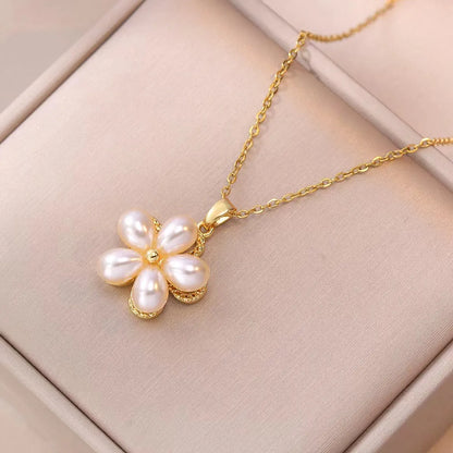 Titanium Steel Copper Simple Style Classic Style Inlay Flower Pearl Rings Necklace