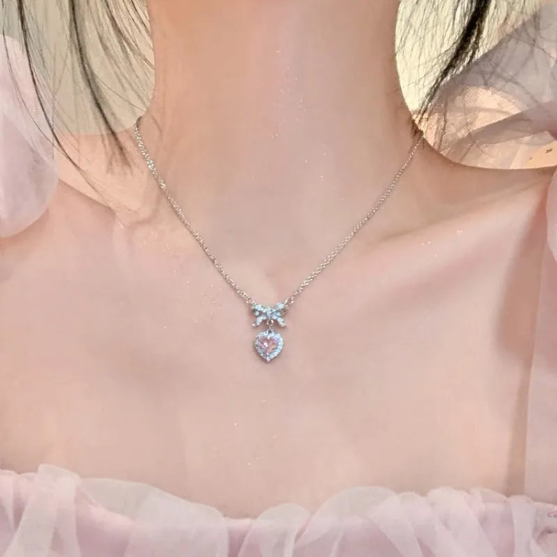 Titanium Steel Copper Simple Style Classic Style Inlay Heart Shape Bow Knot Rhinestones Pendant Necklace