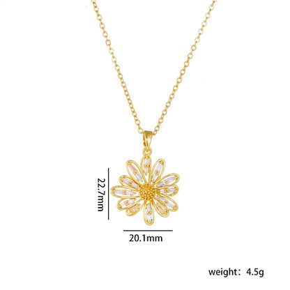 Titanium Steel Copper Sweet Shiny Plating Inlay Flower Zircon Pendant Necklace