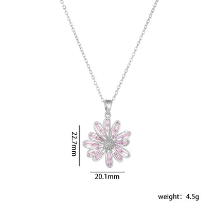 Titanium Steel Copper Sweet Shiny Plating Inlay Flower Zircon Pendant Necklace