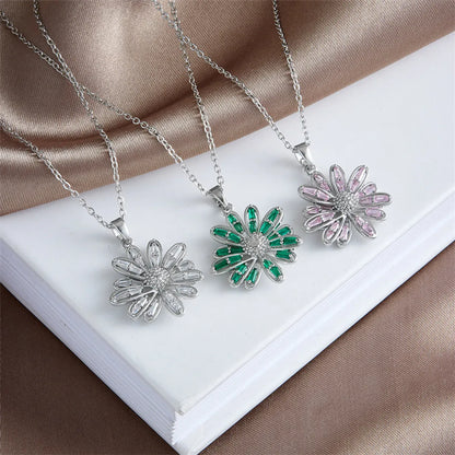 Titanium Steel Copper Sweet Shiny Plating Inlay Flower Zircon Pendant Necklace